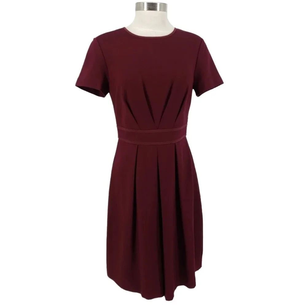 Trina Turk Fit Flare Dress Wine Pleated Short Sleeve Zip Back A Line Knee Length